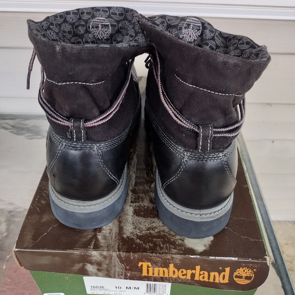 Rare Timberland Roll Top 6 Inch Black Smooth Leather Boots Timberland Fabric Top - Picture 4 of 13